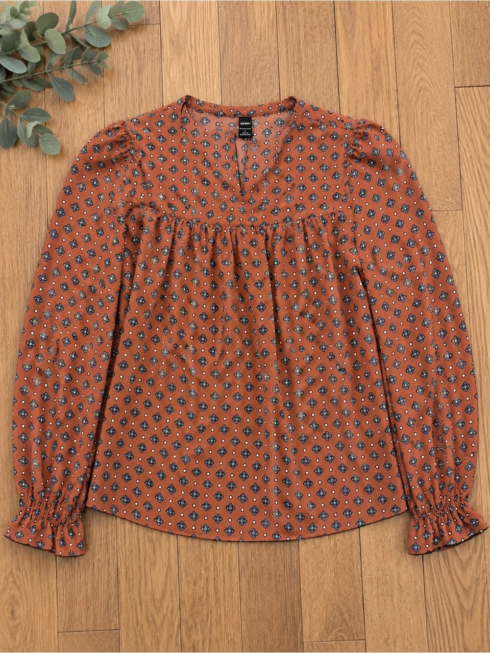 SHEIN Rust Orange Floral-Print Long-Sleeve Peasant Blouse
